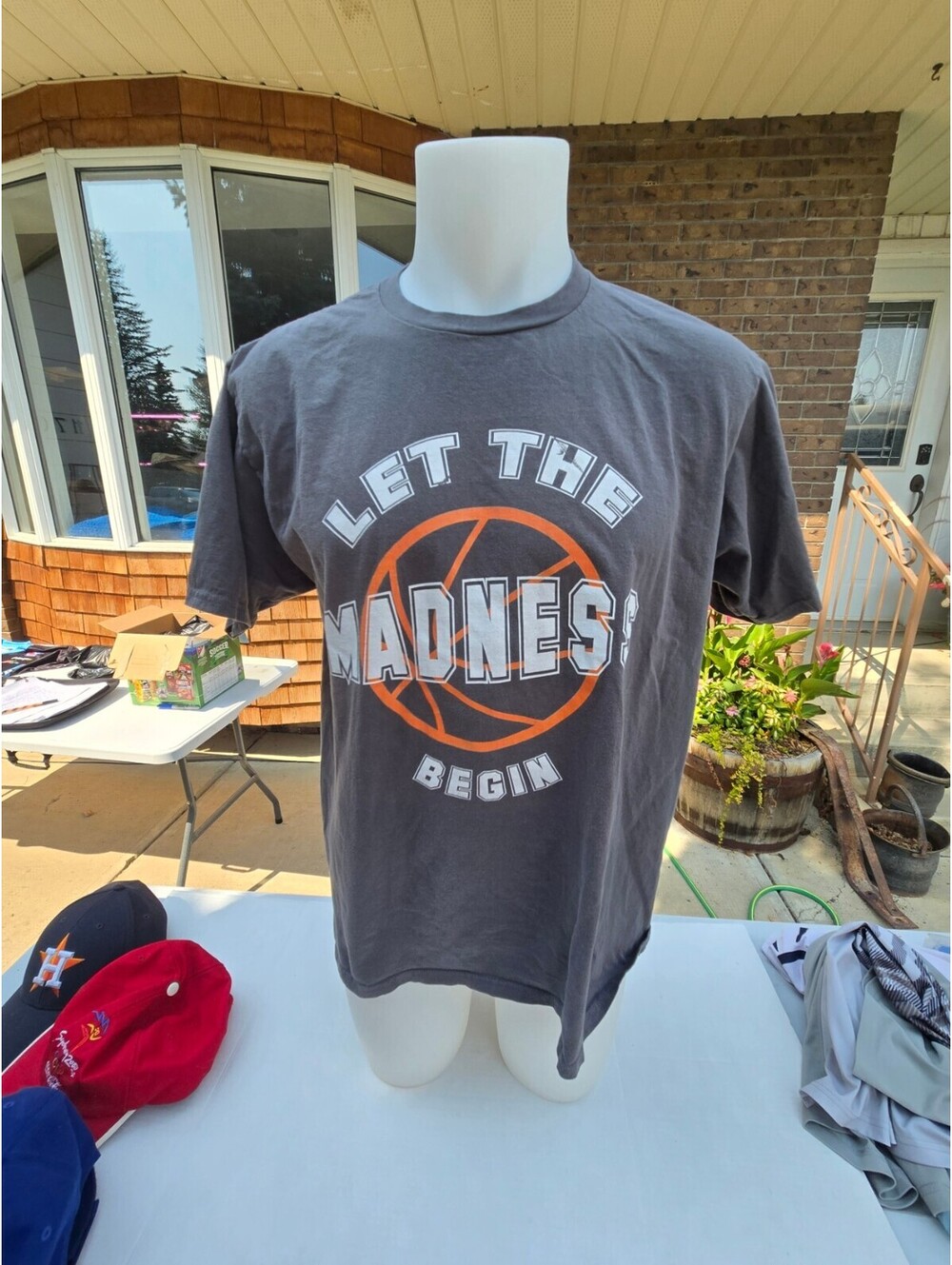 Men's Grey Short Sleeve Large T-Shirt with 'Let The Madness Begin' Basketball